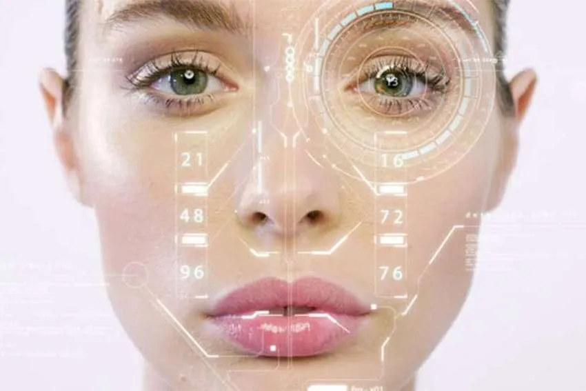 INTELLIGENCE-ARTIFICIELLE-ET-COSMETIQUES Analyse de peau par intelligence artificielle illustrant l’innovation beauté personnalisée