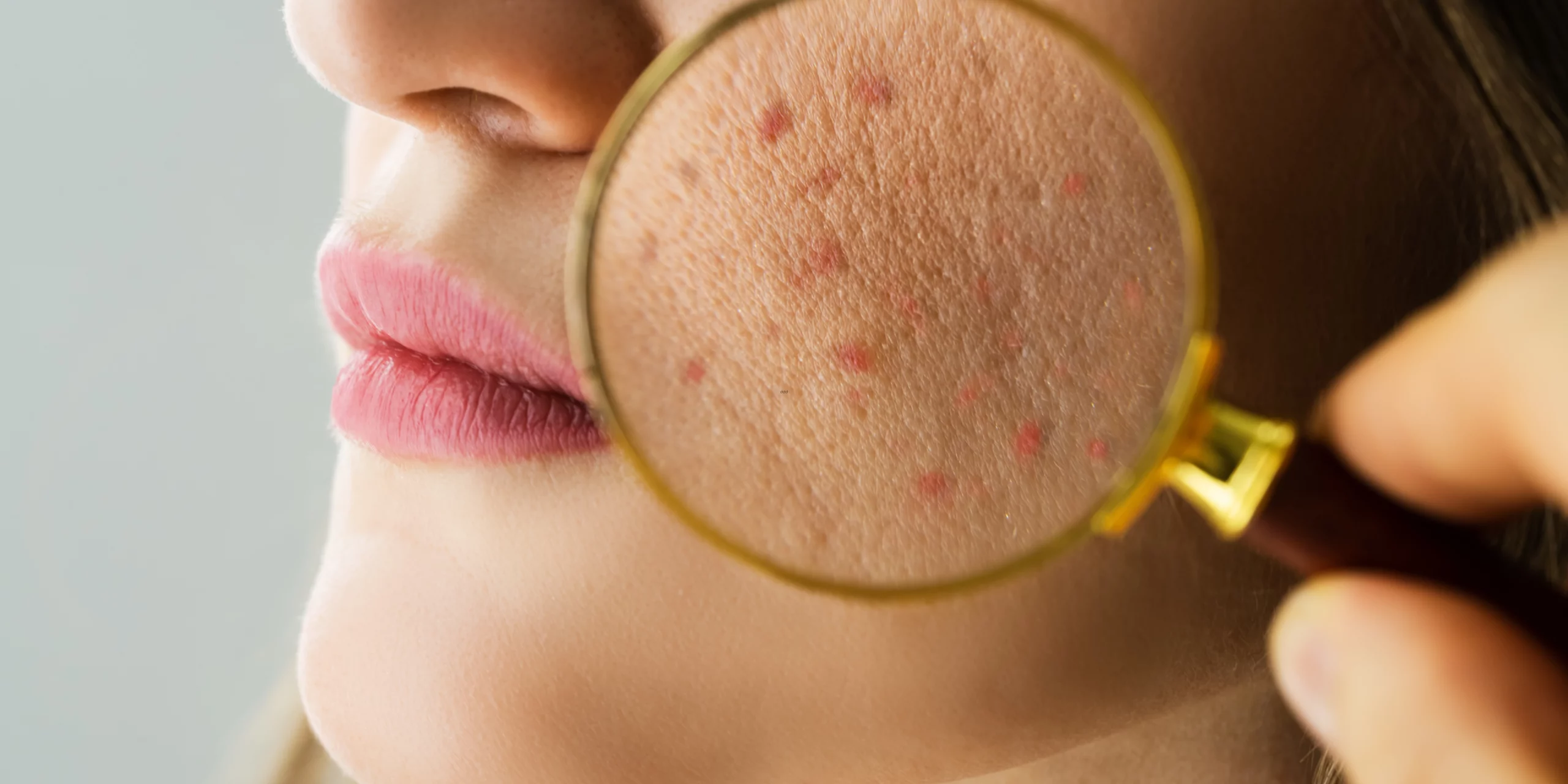 Gros plan d’une peau apparemment saine vue à travers une loupe qui révèle des rougeurs et imperfections cachées, illustrant une barrière cutanée fragilisée.

